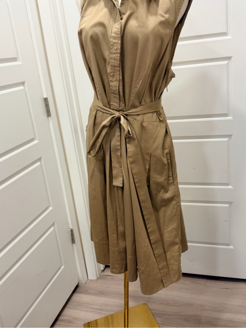 Talbots Sleeveless Safari Khaki Tan Midi Dress With with Tie Waist and Pockets - Picture 3 of 8